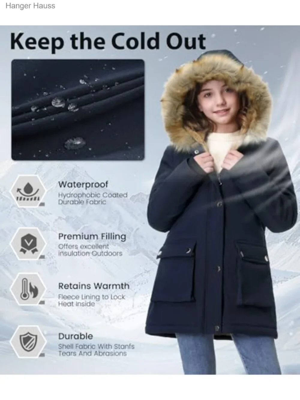 Girls' Winter Puffer Jacket with Hood, Fleece Lined, Windproof, Machine Washable
